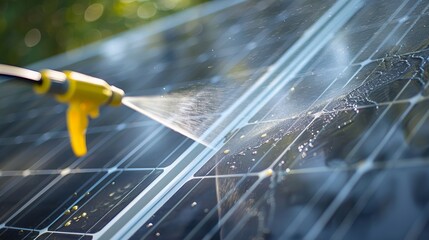 Close-up of a solar panel being sprayed with homemade vinegar and water cleaning solution for efficient maintenance and optimal performance in renewable energy systems