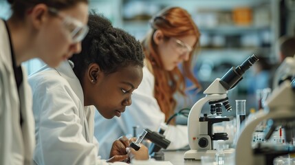 Group of university students collaborating on a microscope experiment in a modern science laboratory, focusing on academic research and hands-on learning