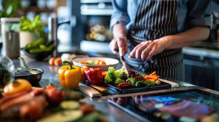 Obraz premium Chef Preparing Fresh Vegetables in Modern Kitchen