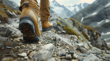 Hiking boots on rocky terrain with mountain landscape background, hiking, boots, rocky, terrain, mountain, landscape, outdoor, adventure, exploration, nature, wilderness, travel, footwear. 