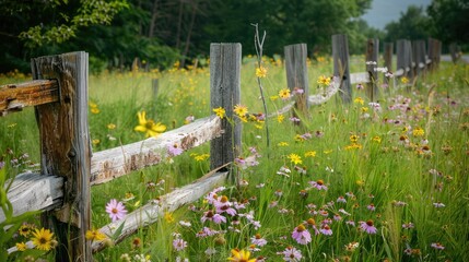 Rustic Fence Surrounded by Colorful Wildflowers