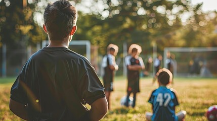 Fototapeta premium Children playing soccer and football with players, outdoors in a park, amidst nature and under autumn skies