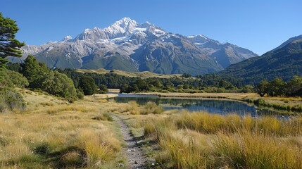 A tranquil mountain landscape with snow-capped peaks and a clear blue sky