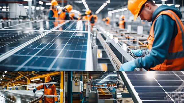 Detailed montage of workers assembling solar panels in a high-tech factory environment, showcasing the process of handling solar panel components and advanced machinery in renewable energy production