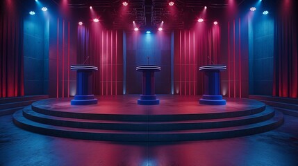 Empty Stage with Podiums, Colorful Lighting, and Red, Blue Background in Dark Setting