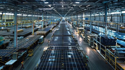 Fototapeta premium Panoramic view of solar panel production line highlighting industrial scale and complex manufacturing processes in renewable energy technology factory
