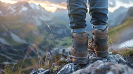 Obraz premium Hiking boots on rocky terrain with mountain landscape background, hiking, boots, rocky, terrain, mountain, landscape, outdoor, adventure, exploration, nature, wilderness, travel, footwear. 