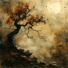 Twisted Tree Against a Golden Sky