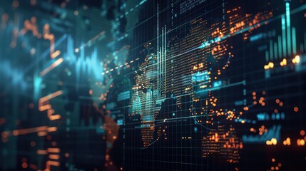 Fototapeta premium animated visualization of a treasury's currency exposure management, with fluctuating values against a backdrop of global markets