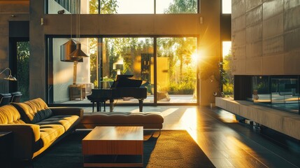 Modern Living Room with Piano and Sunset Lighting