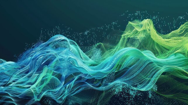 artistic image of capital market trends, with digital waves in various shades of blue and green cresting and troughing, symbolizing stocks and bonds