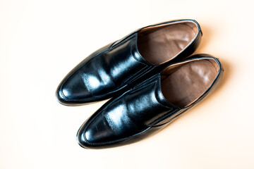 Simple black leather shoes for men, pair of low heel shoes luxury classic and formal style for businessman or office workers
