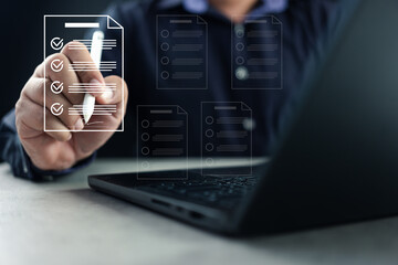 Concept E-signing, electronic signature, document management, paperless office. Businessman Check...