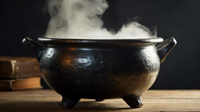 A black cauldron sits on a wooden table with steam rising from it, halloween mood