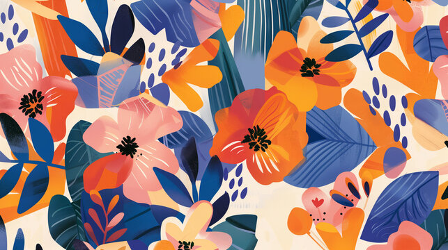 Abstract floral wallpaper with a colourful flower pattern and angular shapes in blue and orange