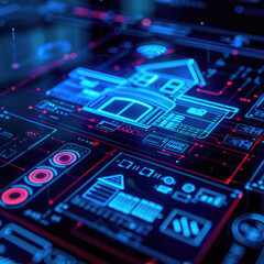 Fototapeta premium Futuristic Smart Home Interface with Digital Blueprints and High-Tech Elements for Modern Real Estate and Technology Concepts