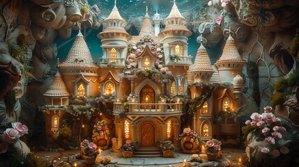Fototapeta premium A beautifully crafted cake resembling a fairy tale castle, complete with detailed turrets, ornate windows, and a functional drawbridge.