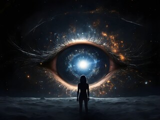 Obraz premium perture through which the universe is looking at and exploring itself, Black out, none exsitance, void , exsitance disappeared into nothingness, nothing but 1 eye Generative AI