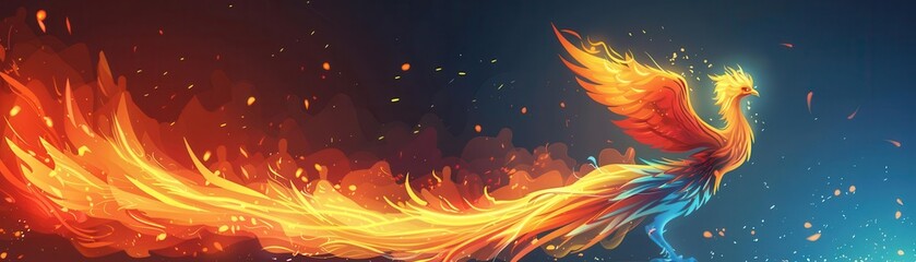 Elegant phoenix rising from fire and rebirth, flat design, side view, mythical theme, animation, vivid