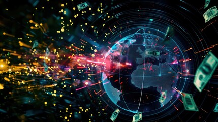 Fototapeta premium artistic representation of international finance, with currency symbols floating around a digital globe in a harmonious orbit