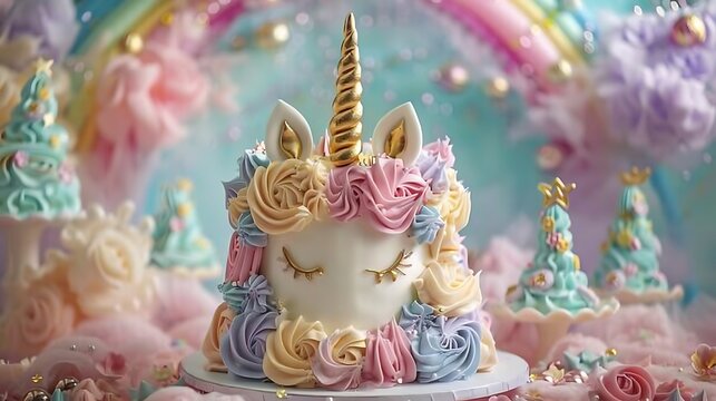 A beautifully decorated pastel-colored unicorn cake with a golden horn, delicate ears, and a rainbow buttercream mane. The background showcases a fantasy world with enchanted forests, rainbows,