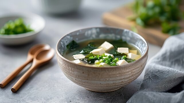 A delicate Japanese miso soup with miso paste, tofu, wakame seaweed, and green onions.