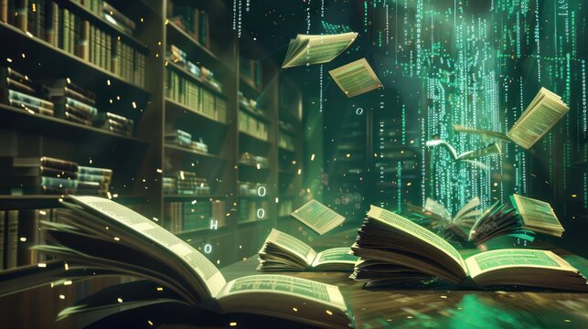 artistic visualization of financial education, with books transforming into digital data streams, imparting knowledge in a virtual classroom setting