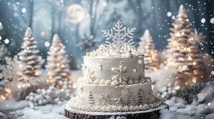 A cake decorated with white and silver accents, intricate snowflakes, and shimmering edible glitter, creating a winter wonderland theme.