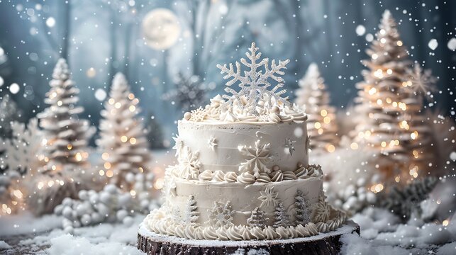 A cake decorated with white and silver accents, intricate snowflakes, and shimmering edible glitter, creating a winter wonderland theme.