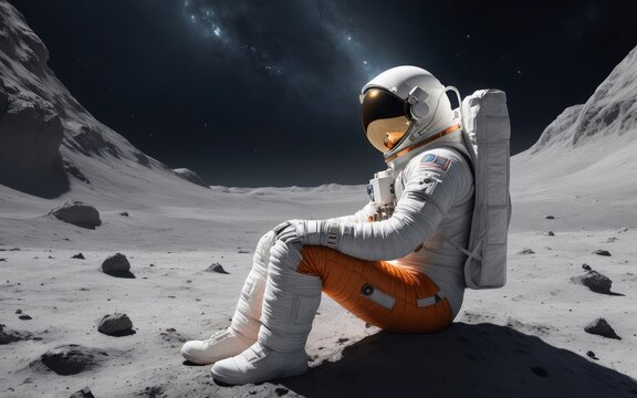 An astronut sitting on a rock on the moon