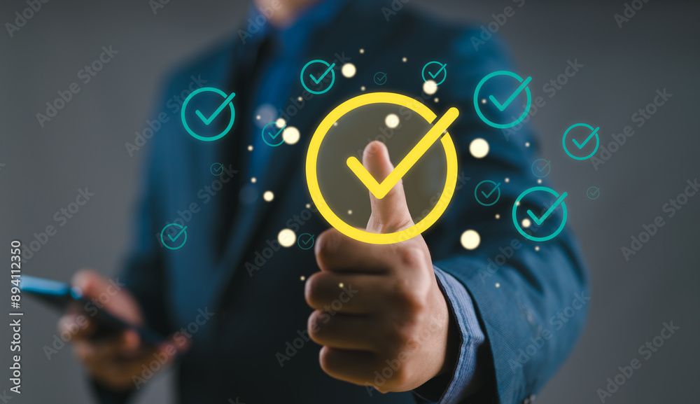 Aufkleber Standardization and certification concept. Quality management with Quality Assurance or QA and Quality Control or QC and improvement. Compliance to regulations and standards. Company business audit.