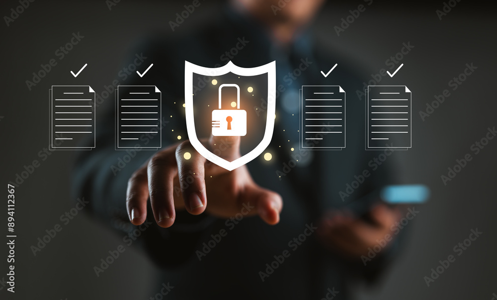 Poster The concept of document safety and security protection system. Businessman using online documentation database management software technology. Manage files efficiently, E-document, File access, cyber.
