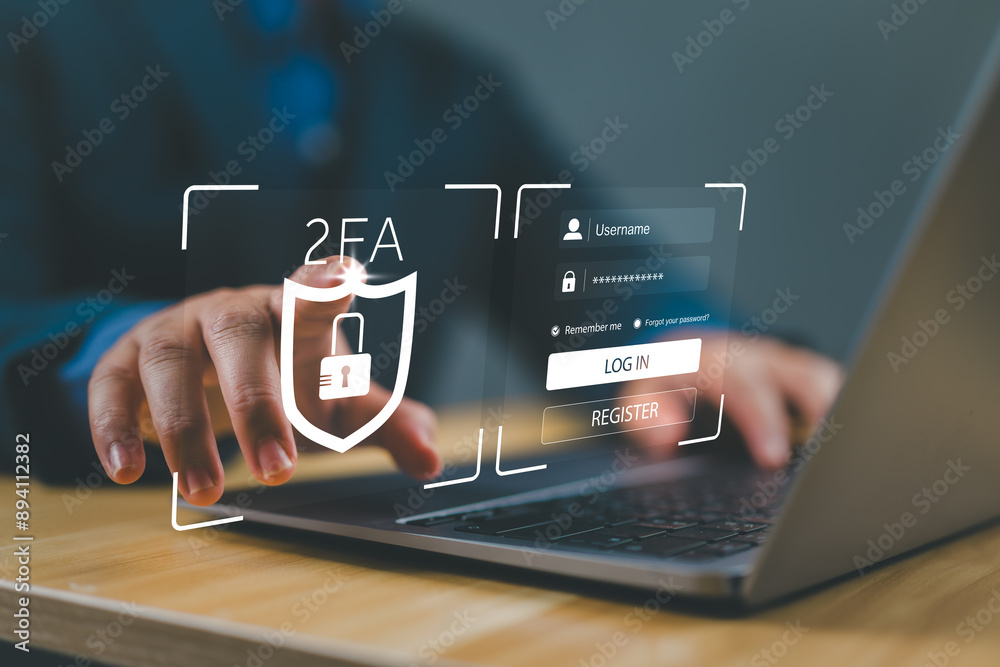 Fototapete Privacy protect data and cybersecurity concepts. The two-factor authentication laptop computer screen displays 2FA. Data protection with 2FA increases security. Log in with a username and password.