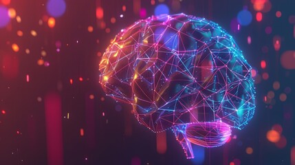 Abstract glowing polygonal brain with colorful neural connections, innovative scientific visualization of neural networks and brain activity, futuristic design in bright multicolored lines, ideal for 