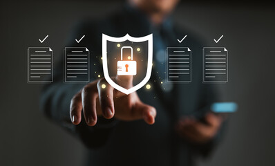 The concept of document safety and security protection system. Businessman using online documentation database management software technology. Manage files efficiently, E-document, File access, cyber.