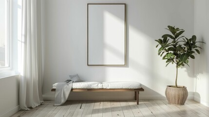 Blank wall frame a simple bench in a Scandinavian-style room