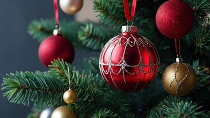 Naklejka premium The background of the winter Christmas holiday with green fir branches and decorations, a Christmas tree and gifts in the interior. 