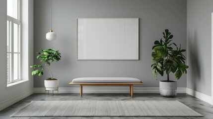 Blank wall frame a simple bench in a Scandinavian-style room