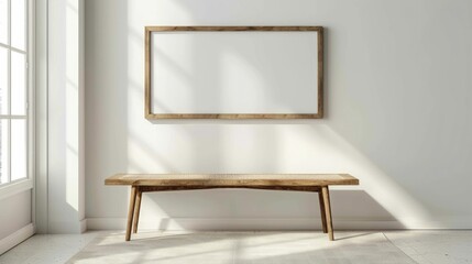Blank wall frame a simple bench in a Scandinavian-style room