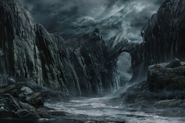 Mystical rock formations and stormy sky over a dark sea