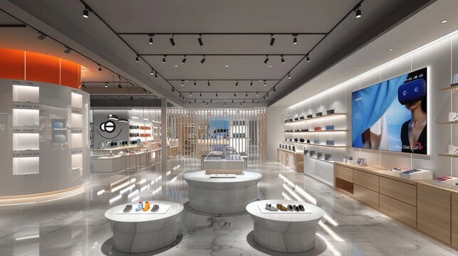 A modern retail store featuring virtual reality fitting rooms and interactive product displays