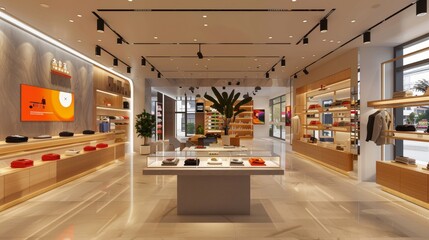 A modern retail store featuring virtual reality fitting rooms and interactive product displays