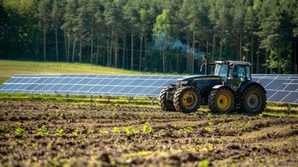 Electric tractor plowing farm fields with solar panels charging battery, demonstrating commitment...