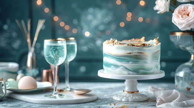 A chic marble cake in soft teal and white hues, accented with shimmering gold leaf details. The background features a sophisticated cocktail party with stylish decor and sparkling glassware,