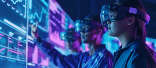 Team of professionals using augmented reality technology for data analysis in a futuristic office setting