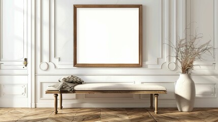 Blank wall frame a simple bench in a Scandinavian-style room