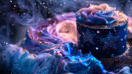 A galaxy-themed cake with deep blues, purples, and blacks, adorned with edible glitter stars, evoking a cosmic ambiance.