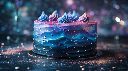 A galaxy-themed cake with deep blues, purples, and blacks, adorned with edible glitter stars, evoking a cosmic ambiance.