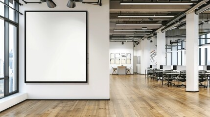 Blank wall frame in a modern, white-walled gallery space