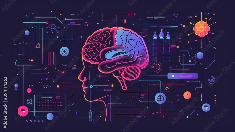 Poster Artificial intelligence concept with a creative brain background - futuristic digital brain visualization with neural network connections and data streams representing advanced technology and ai innov